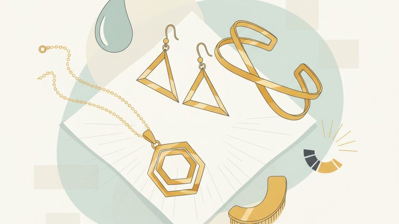 Геометрические золотые украшения на белом фоне, иллюстрация для статьи о уходе за ювелирными изделиями.